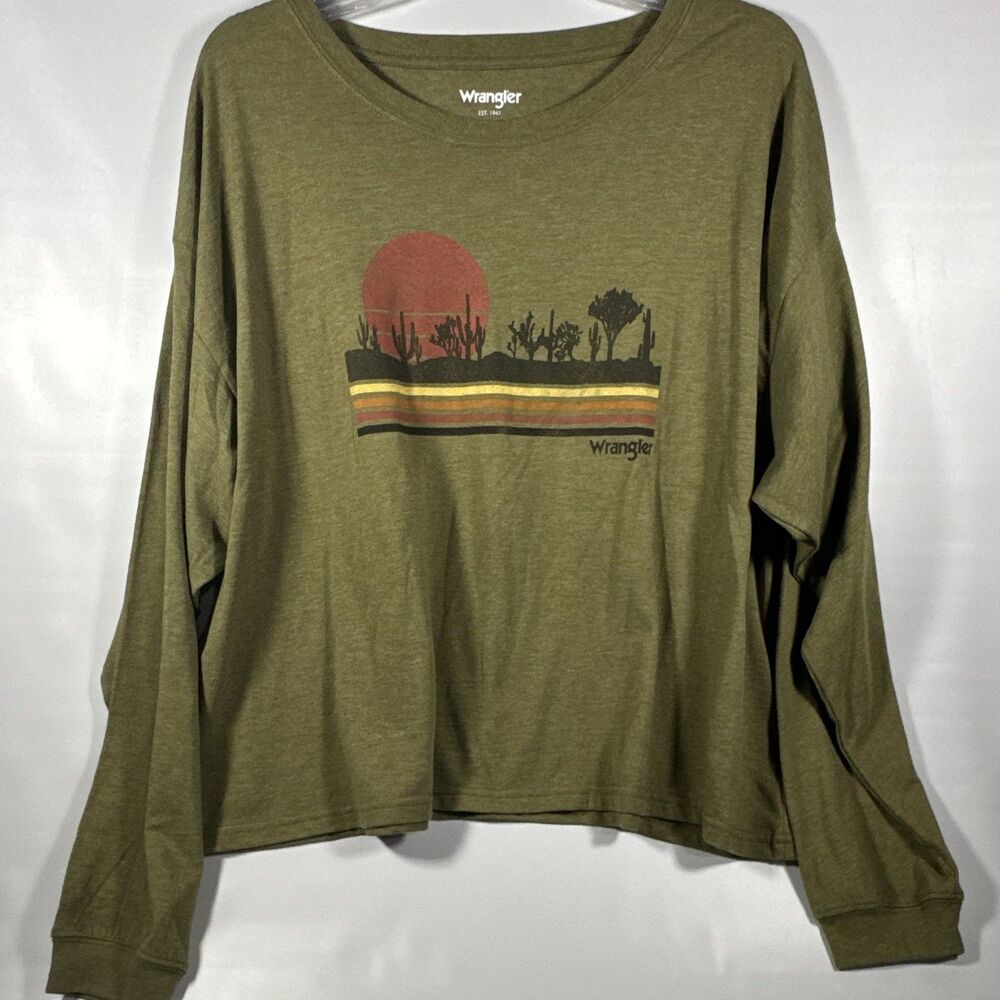 Wrangler L Green Cotton Knit Long Sleeve Western Graphic Crop Top